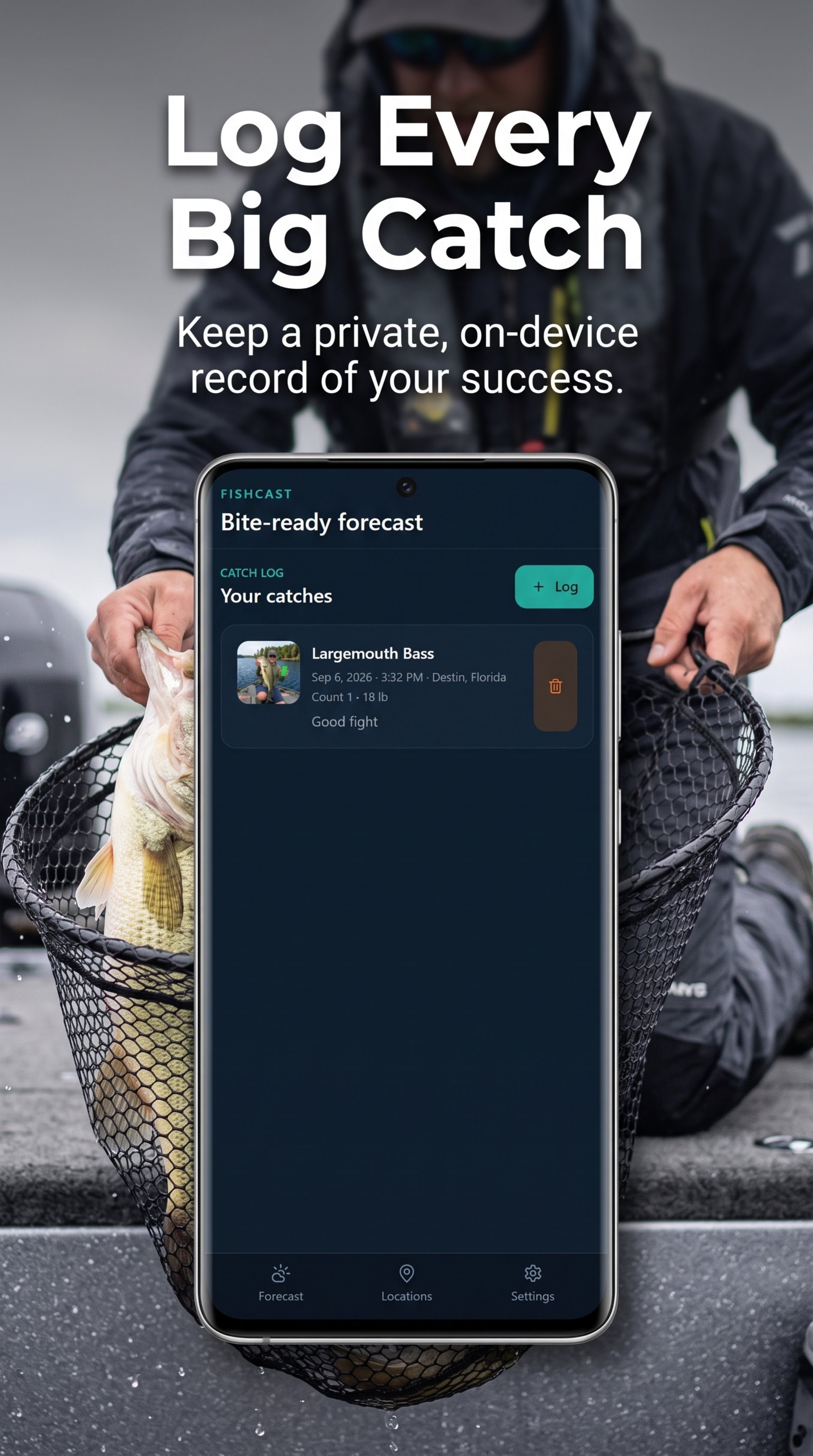 Hookr catch log entry for an 18 lb largemouth bass at Destin, Florida