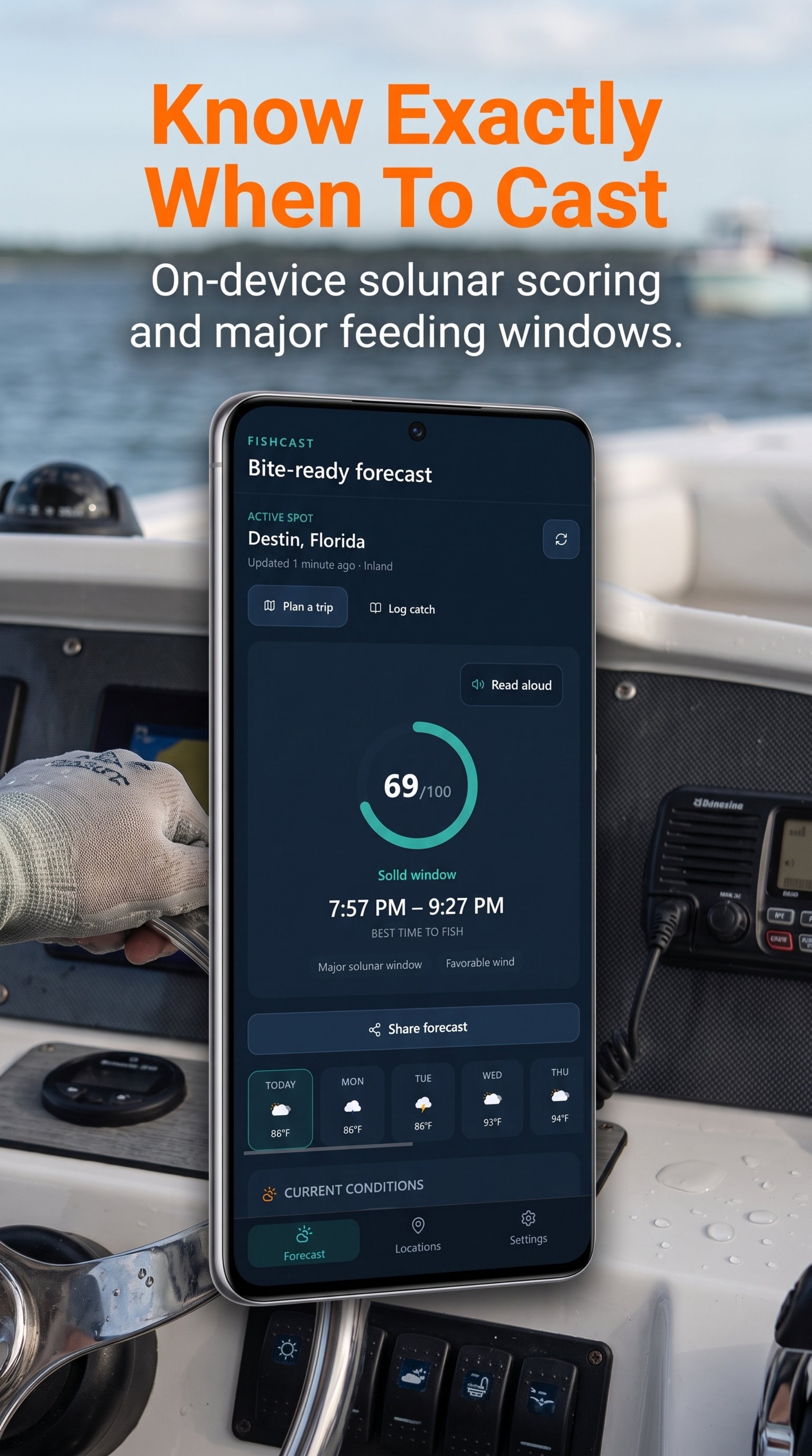 Hookr bite-ready forecast with day score and best time to fish for Destin, Florida