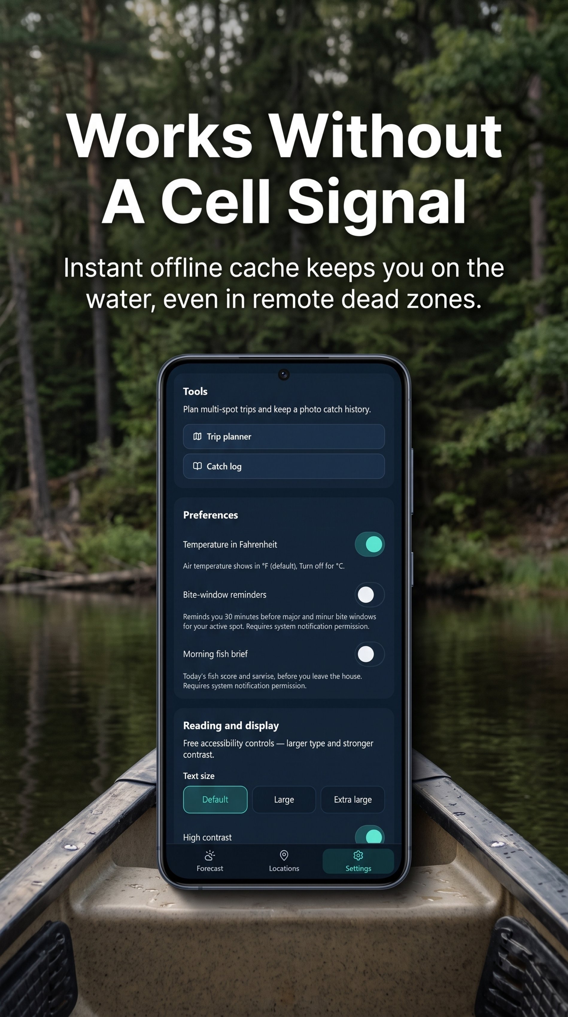 Hookr settings with trip planner, catch log, bite-window reminders, and morning fish brief