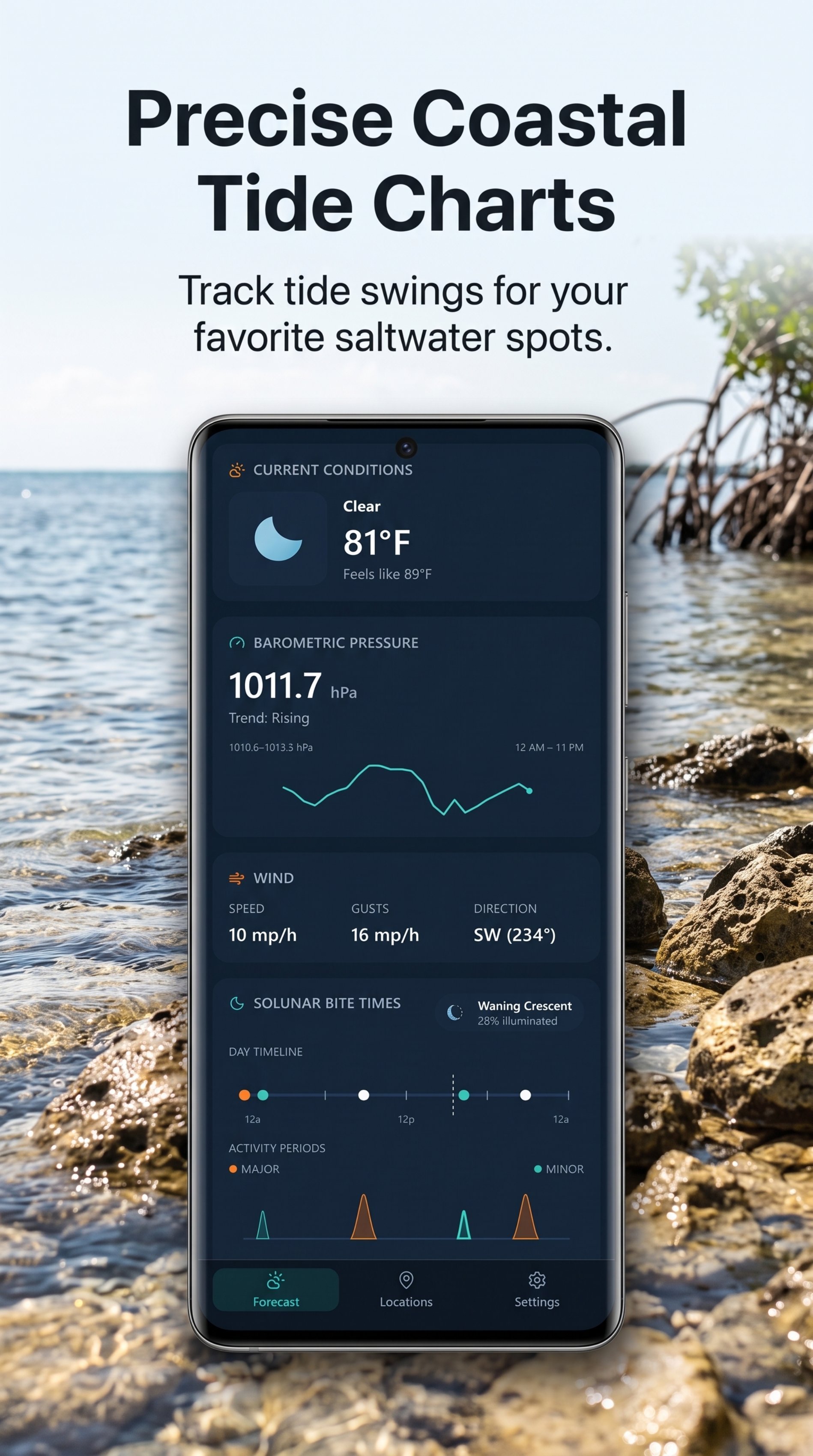 Hookr coastal forecast with pressure, wind, and tide-aware conditions