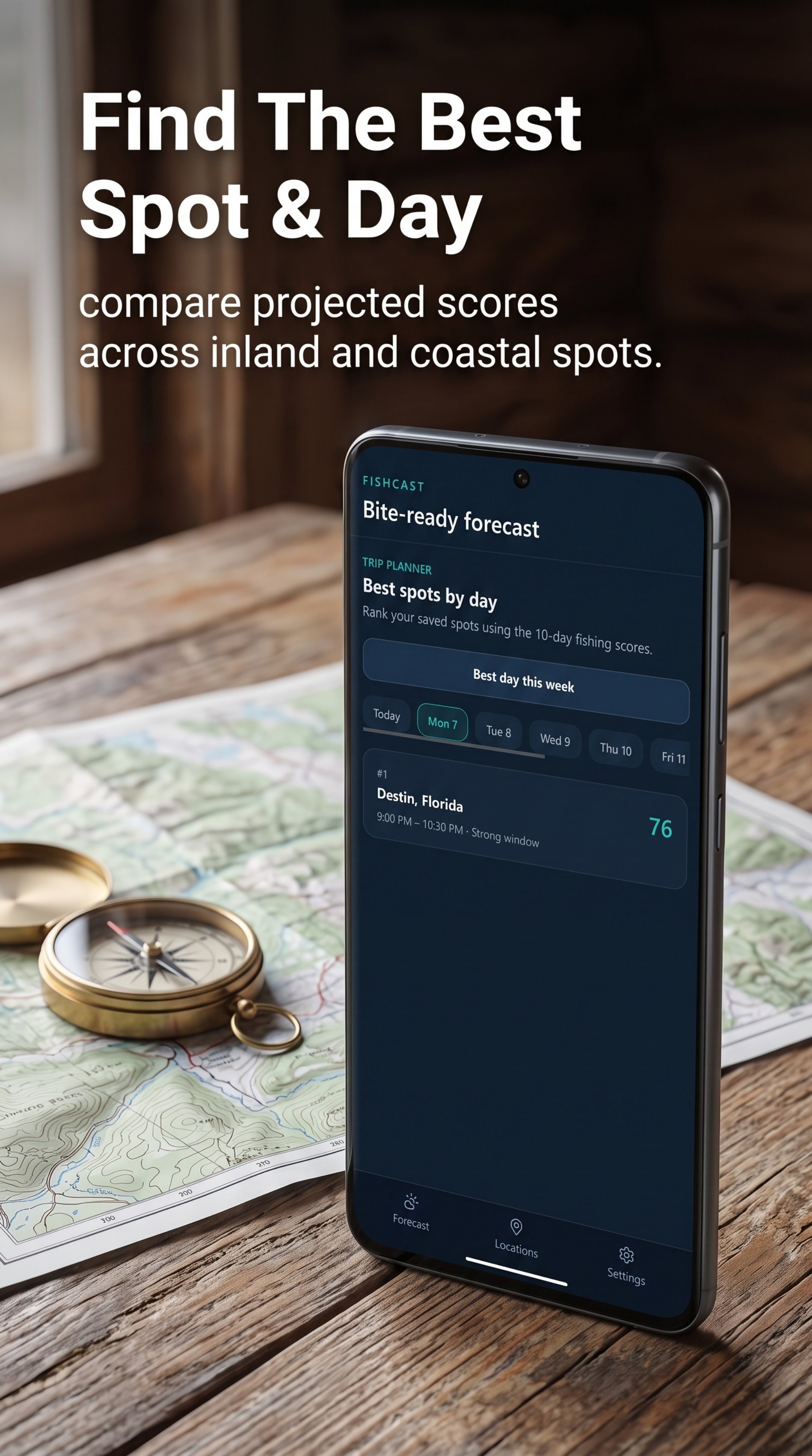 Hookr trip planner ranking Destin as the best spot for Monday with a score of 76
